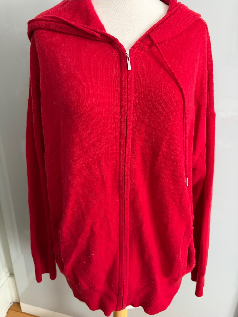 Red Cashmere Zip-Front Hooded Sweater